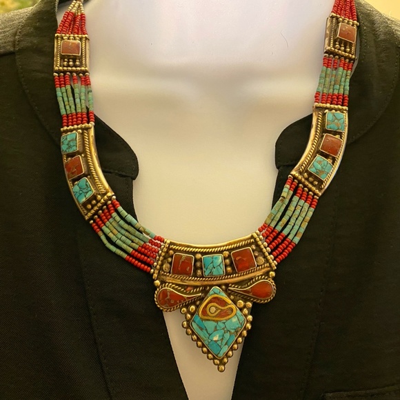 NEPAL JEWELRY 925 SILVER PLATED TIBETAN CORAL TURQUOISE NECKLACE - Picture 4 of 8